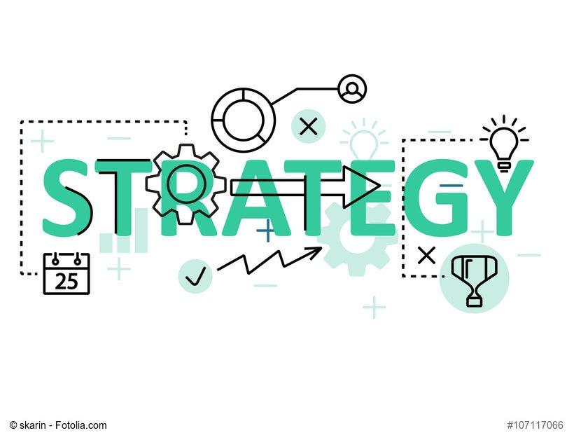 Strategy concept flat line design with icons and elements. Modern strategy concept vectors collection. Strategy concept lettering