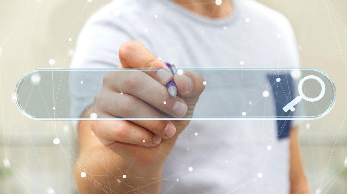 Man using tactile interface web address bar to surf on internet 3D rendering