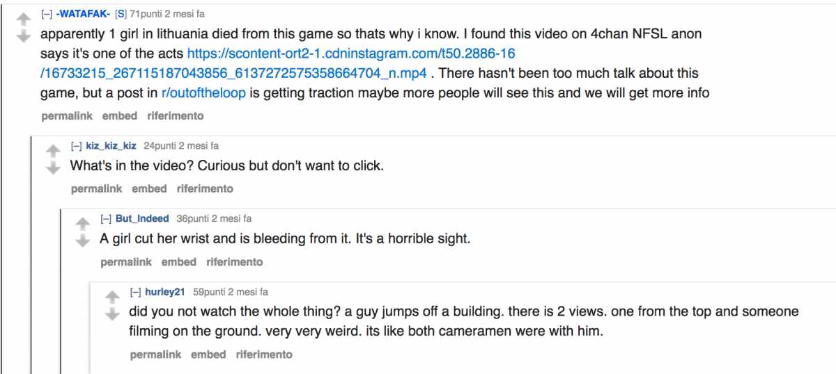 Una conversazione prea da Reddit, in cui si fa cenno a un video dove una ragazza sembra procurarsi del dolore.