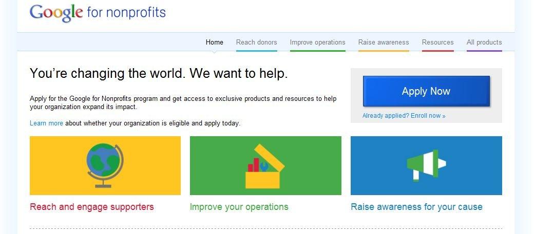 Homepage di Google for Nonprofits