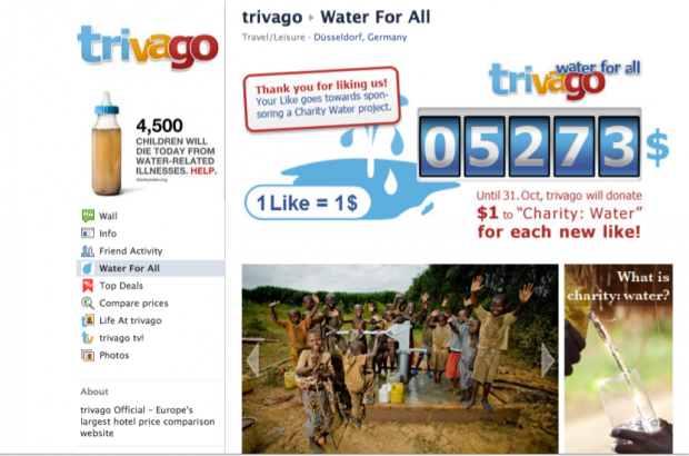 Trivago dona 1 dollaro a Charity Water per ogni nuovo Like su Facebook