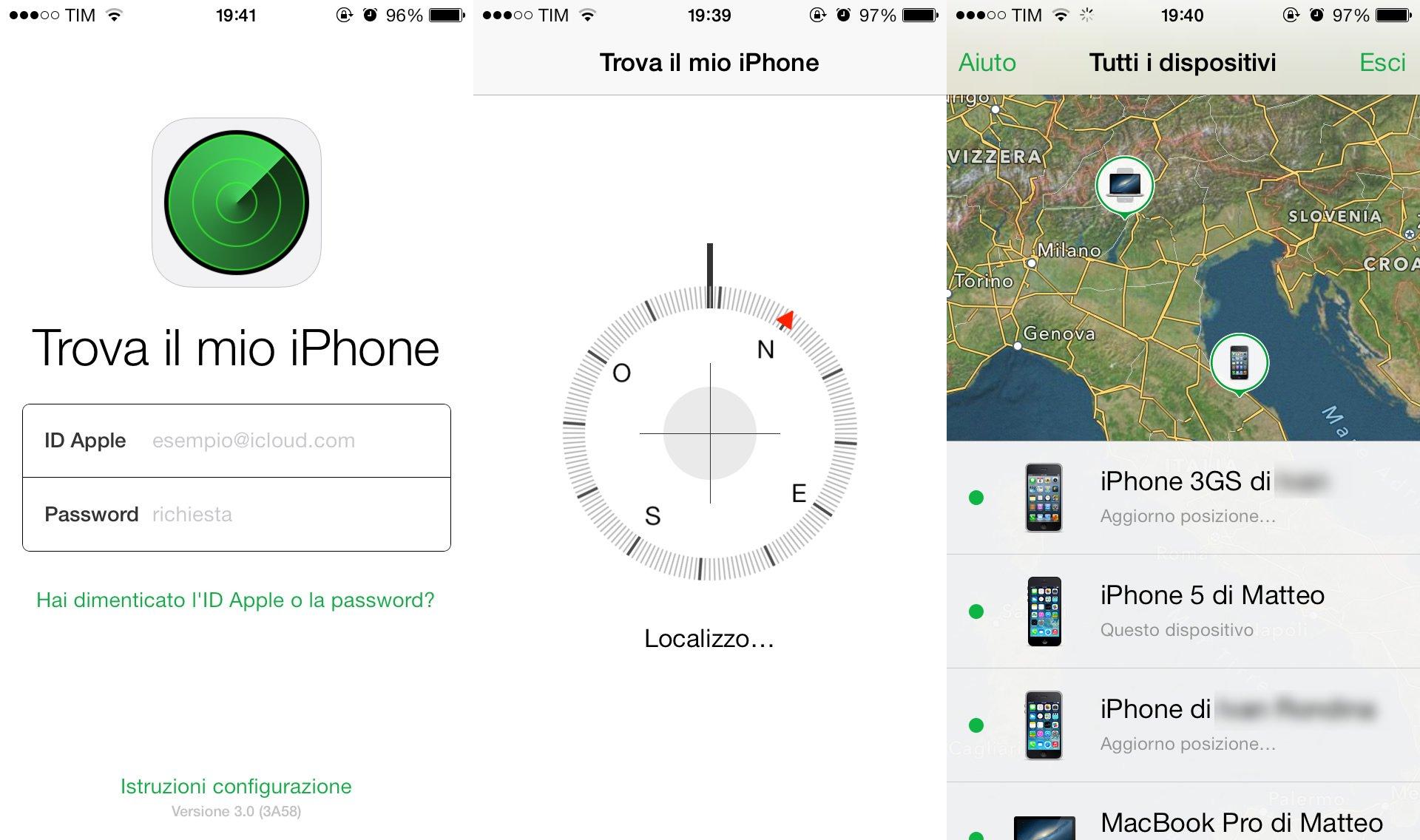 Trova il mio iPhone: schermata iniziale