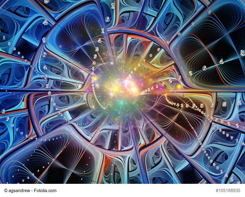 Into Infinity series. Abstract design made of fractal patterns, curves and symbols on the subject of math, technology, science and education