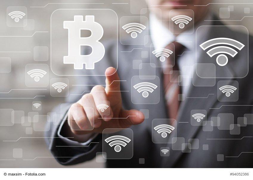 Businessman pressing sign button web bitcoin icon wifi