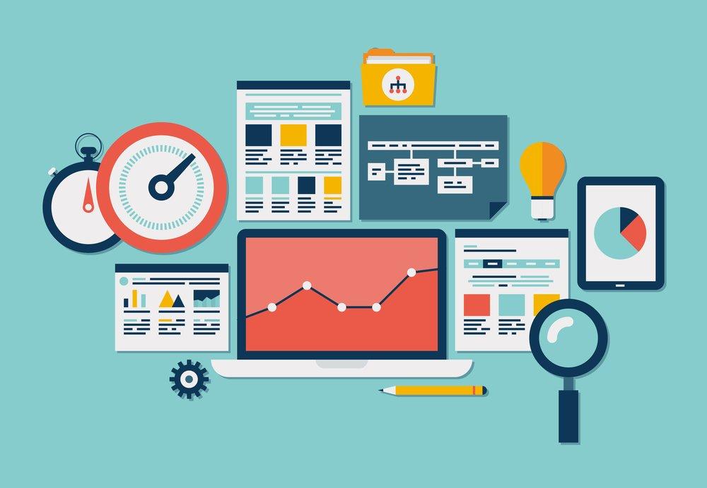 Flat design vector illustration icons set of website SEO optimization, programming process and web analytics elements. Isolated on turquoise background