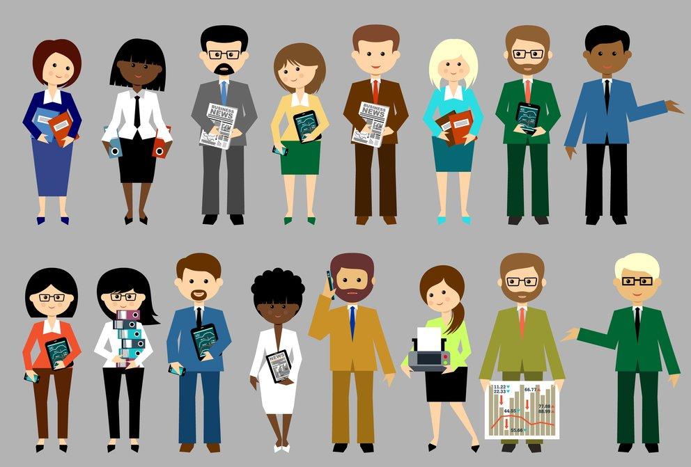 Big set of vector business people with office items