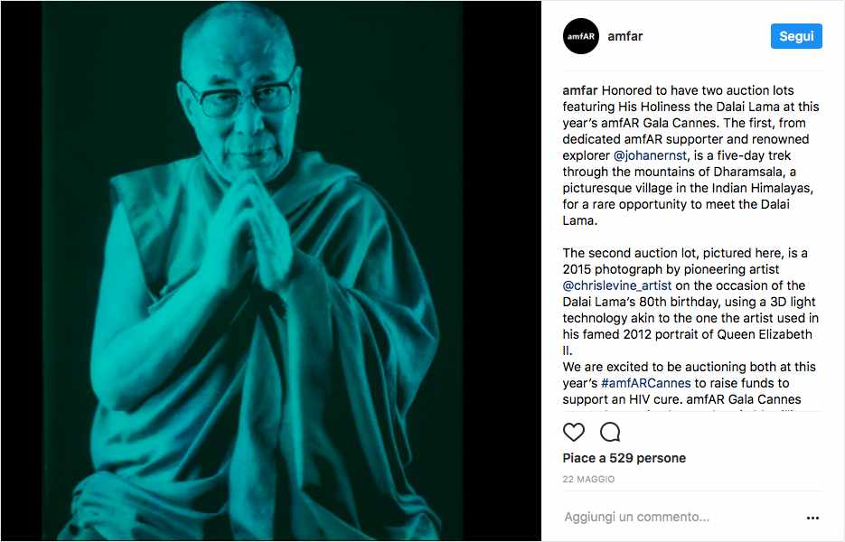 foto del Dalai Lama nell'Instagram post dell'amfar gala di Cannes 