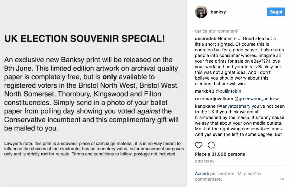 Banksy regala un’opera inedita a chi voterà contro i conservatori