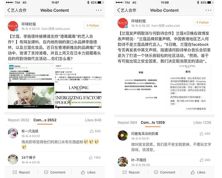 cattura schermo dell'account weibo del global times riguardo caso Denis Ho e Lancome