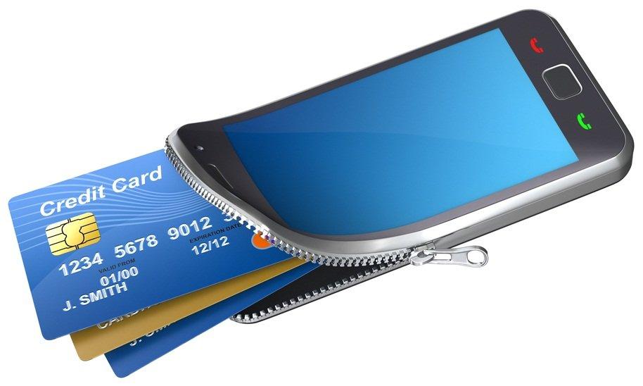 Smatphone con carte di credito incorporate per pagare in modo digitale 