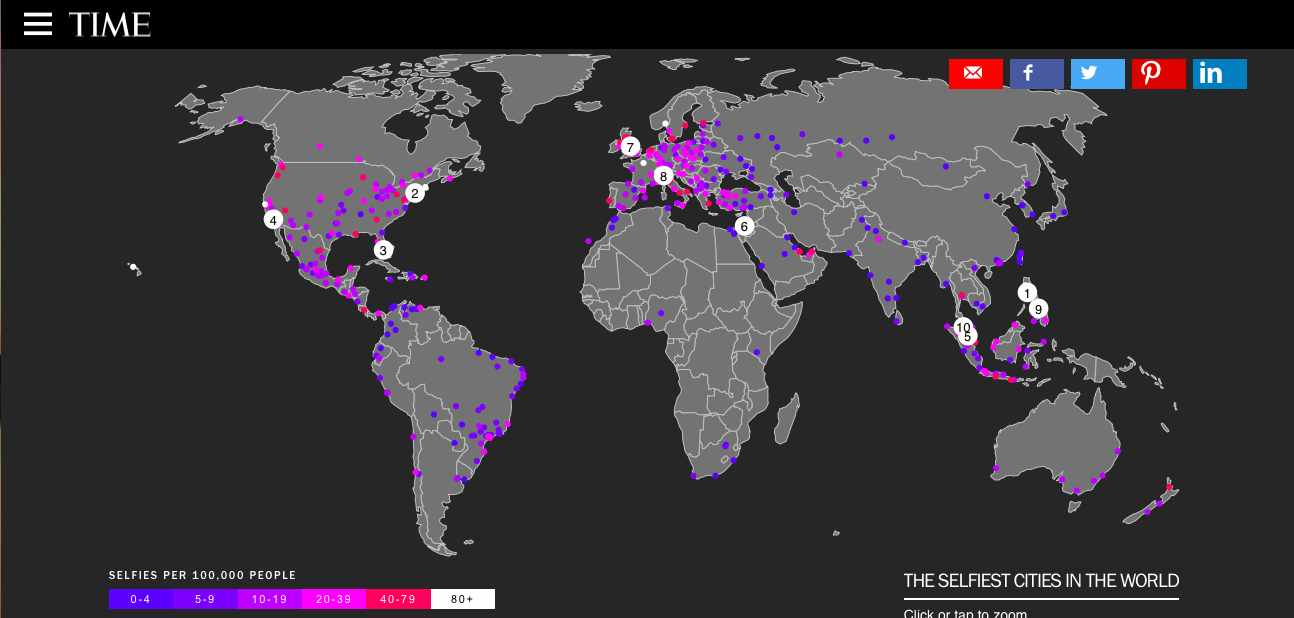 mappa delle città dove si scattano più selfie 