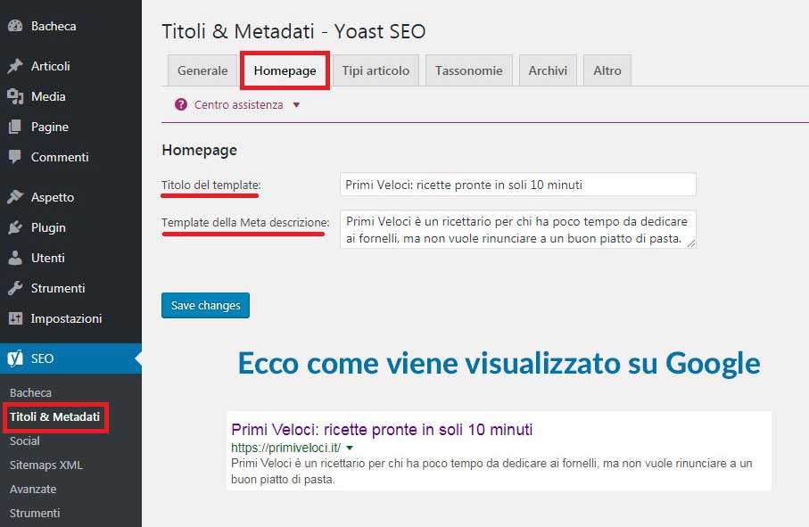 schermata di yoast, relativa a title e metadati