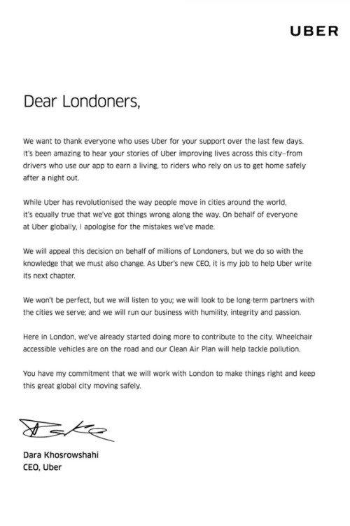 lettera ceo di uber londra