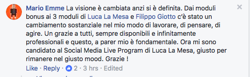 Feedback di uno studente del corso di social media marketing online di Ninja Academy