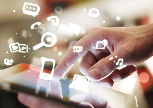 hand touching digital tablet, social media concept