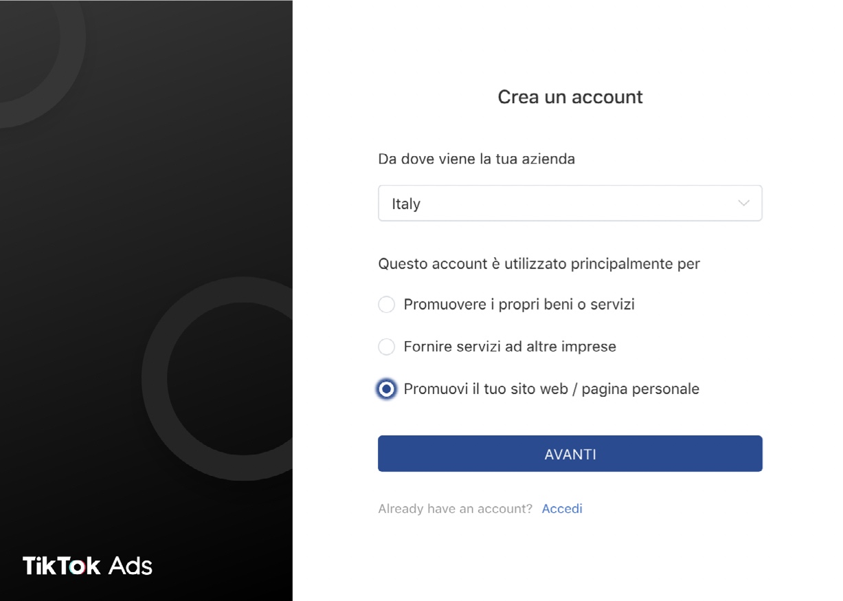 creare un account su tiktok ads