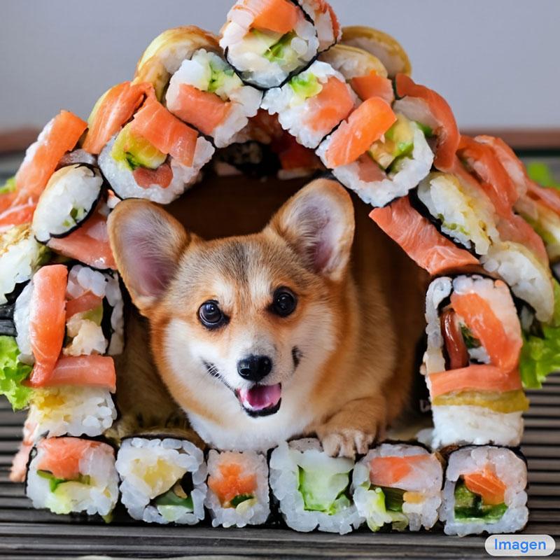 a cute corgi lives in a hous made out of sushi Google Imagen