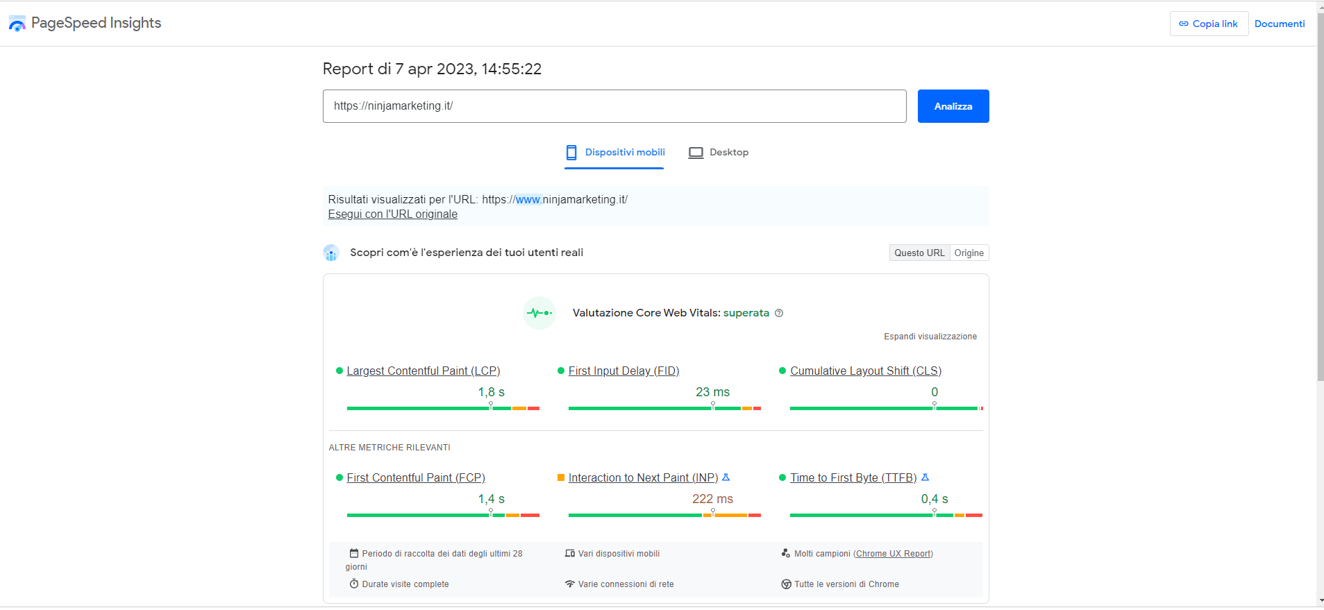 Checklist SEO di successo Google Page Speed Insight